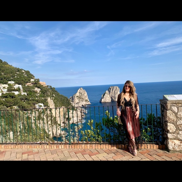 Midi pleated skirt, burgundy and gold color - Picture 1 of 6